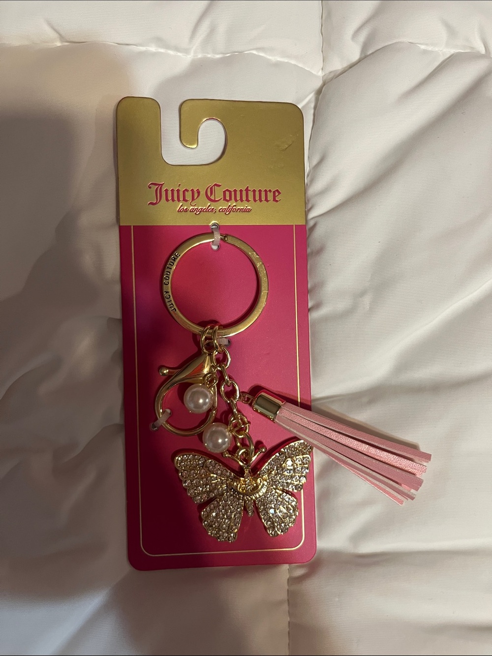 Juicy Couture Gold Butterfly Keyring with Pink Tassel